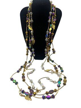 Lot Of 3 Gold Tone Glass & Metal Stretch Necklaces Leaf Charms 36" Layer Boho